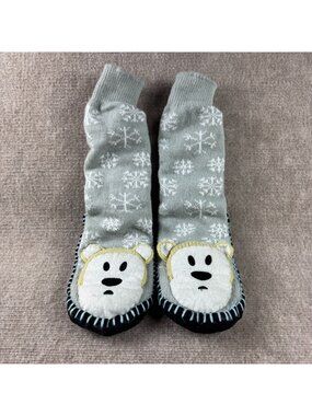 Vintage Y2K Polar Bear Slipper Socks Size S M Grey Snowflake Grip Sole Moccasins